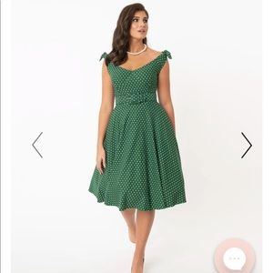 Unique Vintage Green & White Pin Dot Prairie Swing Dress